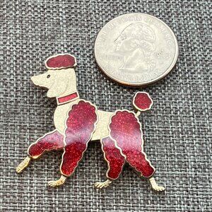 Vintage Poodle Dog Brooch Pin 1.75 In Gold Red French Standard Beret 50s 60s MCM